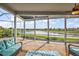 Screened-in patio featuring comfortable seating and panoramic views of the serene lake at 1920 Iglesia St, The Villages, FL 32159