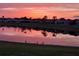 Scenic view of a pond at sunset featuring three birds along the shore and home reflections at 1920 Iglesia St, The Villages, FL 32159