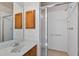 Bathroom showcases a single sink, wood cabinets, medicine cabinet, large mirror and walk-in shower at 206 Palermo Pl, Lady Lake, FL 32159