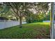 Spacious backyard with a large tree, green grass, and white privacy fence at 33316 Irongate Dr, Leesburg, FL 34748