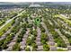 Wide aerial shot of a neighborhood with many houses surrounded by trees and a green map marker at 3586 Eversholt St, Clermont, FL 34711