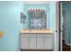 Bathroom with a large mirror, single vanity, and butterfly-patterned shower curtain at 3586 Eversholt St, Clermont, FL 34711