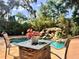 Pool area featuring a rock waterfall, lush greenery, and an outdoor seating area at 3664 Se 45Th Pl, Ocala, FL 34480