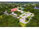Aerial view showcasing community features like tennis courts, a pool, and parking areas at 5512 Rosewall Cir, Leesburg, FL 34748
