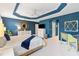 Comfortable main bedroom featuring a tray ceiling, white carpet, and stylish decor at 5746 Botner Dr, The Villages, FL 32163