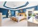 Spacious main bedroom with a striking blue accent wall, tray ceiling, and ample natural light at 5746 Botner Dr, The Villages, FL 32163