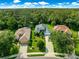 Aerial view of a well-maintained single-Gathering home with a landscaped lawn and long driveway in a lush, green neighborhood at 8045 Waterbury Way, Mount Dora, FL 32757
