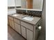Bathroom with double sink vanity, neutral countertop, decorative backsplash, and a large mirror at 1105 Hazelnut Dr, Leesburg, FL 34748