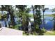 View of a wooden dock extending into the lake, offering serene waterfront access and surrounded by lush greenery at 11401 Cypress Dr, Clermont, FL 34711