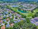An aerial view showcases a community home on a golf course with lush greenery and serene water features at 17037 Se 76Th Creekside Cir, The Villages, FL 32162