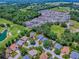 An aerial view showcases a community home on a golf course with lush greenery and serene water features at 17037 Se 76Th Creekside Cir, The Villages, FL 32162