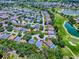 An aerial view showcases a community home on a golf course with lush greenery and serene water features at 17037 Se 76Th Creekside Cir, The Villages, FL 32162