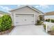 A well-kept garage exterior, complimented by manicured shrubs and a clean, painted driveway at 2237 Jetta Way, The Villages, FL 32162