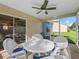 Comfortable screened porch with ceiling fan, offering views of the lush green backyard at 2369 Five Forks Trl, The Villages, FL 32162