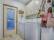 Convenient laundry room featuring modern washer and dryer, storage cabinets, and exterior access door at 25007 Bellevue, Leesburg, FL 34748