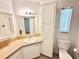 Cozy bathroom with a vanity, built in shelves, and a toilet at 2585 Karen Dr, Mount Dora, FL 32757