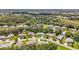 An aerial view showcases a charming 55+ community with mature trees, ponds, and well-manicured lawns at 27141 Racquet Cir, Leesburg, FL 34748