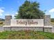 Detailed view of the Trinity Lakes community sign highlighting stone texture and vibrant landscaping at 6946 Perch Hammock Loop, Groveland, FL 34736
