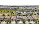 Aerial view of a neighborhood features neatly arranged homes and green spaces, with the property highlighted with a blue border at 9153 Carmela Ave, Davenport, FL 33897