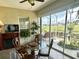 The sunroom offers a dining area, fireplace, and beautiful backyard views at 12183 Se 178Th St, Summerfield, FL 34491