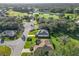 Overhead view of a residential area featuring homes with mature landscaping and a golf course in the distance at 13700 Se 90Th Ct, Summerfield, FL 34491