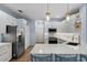 Contemporary kitchen featuring white countertops, stainless steel appliances and pendant lighting at 14708 Timucua Pl, Clermont, FL 34711