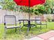 Close up on an outdoor dining set shaded by a red umbrella in a well-kept backyard with manicured lawn at 1537 Ne 22Nd St, Ocala, FL 34470