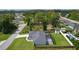 An aerial view of the property featuring a screened lanai, shed, fenced backyard, mature trees at 15828 Se 98Th Ter, Summerfield, FL 34491