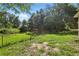 View of the fenced back yard featuring green grass, mature trees, and a chain-link fence at 2708 Lorraine Dr, Leesburg, FL 34748
