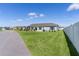 Well maintained backyard features a long green lawn and blue shutters at 3283 Dawn Pl, The Villages, FL 32163