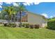 Landscaped backyard featuring mature palm trees and a screened patio at 425 Glen Arbor Ln, Leesburg, FL 34748
