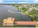Scenic aerial view of a lake with unique buildings and docks, offering picturesque waterfront appeal at 504 Banning Beach Rd, Tavares, FL 32778