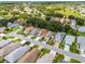 An aerial view of a residential community with lush green landscapes, neatly arranged homes, and nearby water features at 5507 Laver St, Leesburg, FL 34748