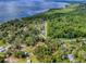 An aerial view showcases property lines near a lake amid trees, promoting serene waterfront living at 6731 Lake Griffin Rd, Lady Lake, FL 32159