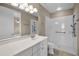 White bathroom featuring a vanity, commode, and shower with safety bars and handheld shower head at 7303 Spring Mountain Ln, Yalaha, FL 34797