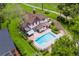 Aerial view of a beautiful pool, patio, and umbrellas at this luxurious house at 9233 Silver Lake Dr, Leesburg, FL 34788