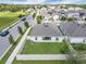 Aerial view of fenced-in backyard with green lawn and patio seating, next to the neighborhood street at 9380 La Salle St, Groveland, FL 34736