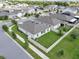Birds eye view of backyard with green lawn, partial patio, and fenced-in yard in residential neighborhood at 9380 La Salle St, Groveland, FL 34736