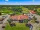 Panoramic aerial view showcasing a golf course, clubhouse, and expansive parking area in a serene setting at 9790 Se 175Th St, Summerfield, FL 34491