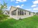 Exterior of home showcasing neutral siding, awnings, and manicured lawn at 1142 W Boone Ct, Lady Lake, FL 32159