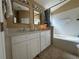 Bathroom featuring double sinks, a soaking tub, and a stylish mirror at 15509 Markham Dr, Clermont, FL 34714