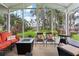 Relaxing screened porch with comfortable seating and a cozy gas fire pit at 2512 Baywater Rd, Tavares, FL 32778