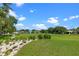 View of the landscaped community lawn and walking path, bordered by mature trees and colorful flower beds on a sunny day at 4909 Kelso St, Leesburg, FL 34748