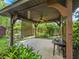 This covered patio features wood columns, a ceiling fan, and lush, private landscaping at 504 Gilliam St, Wildwood, FL 34785