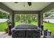 Covered patio with large hot tub and a serene view of the landscaped backyard at 8160 Se 164Th Pl, Summerfield, FL 34491