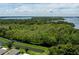 Scenic aerial view featuring lush greenery, a waterway with a bridge, and the serene backdrop of a lake at 1131 Dora Parc Ln, Mount Dora, FL 32757