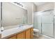 Well-lit bathroom with a wide mirror, modern sink, and glass-enclosed shower, providing a functional space at 1509 Trenton Ln, The Villages, FL 32162