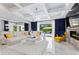 Comfortable living room with stone fireplace and sliding doors to backyard pool at 1702 Hidden Palms Dr, Davenport, FL 33897