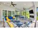Spacious covered patio with a cozy fireplace, tv, and comfortable seating, perfect for relaxing at 1702 Hidden Palms Dr, Davenport, FL 33897
