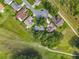 An aerial view showcases homes near a golf course featuring a mix of manicured lawns and mature trees in a serene neighborhood at 26338 Glen Eagle, Leesburg, FL 34748